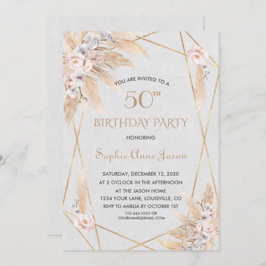 Invitation Rose rose blanc Orchidée Pampas Herbe 50e annivers (Devant / Derrière)