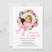 Invitation Rose rose Bow Floral Wreath Photo Anniversaire (Devant)
