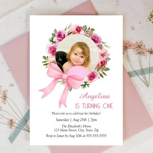 Invitation Rose rose Bow Floral Wreath Photo Anniversaire