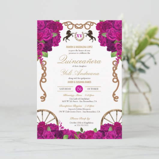Invitation Rose rose chaud de Fuchsia Western Charra Quinceañ (Debout devant)