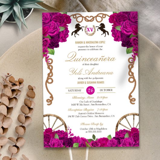 Invitation Rose rose chaud de Fuchsia Western Charra Quinceañ
