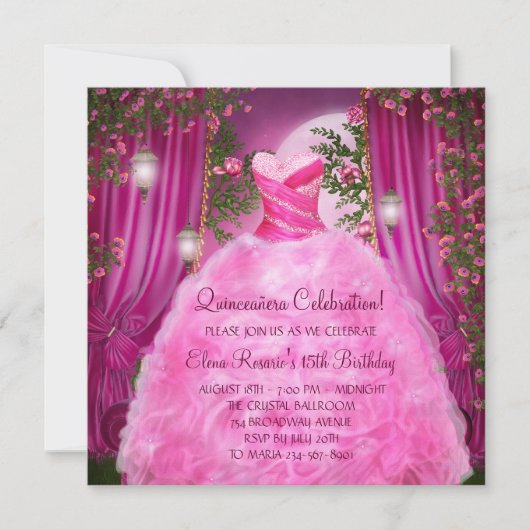 Invitation Rose rose chaud Quinceanera (Devant)