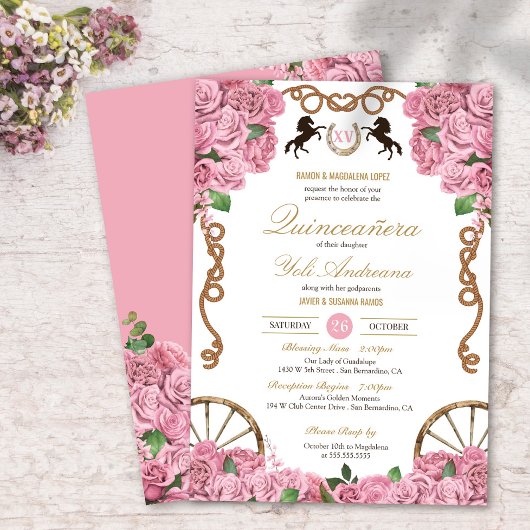 Invitation Rose rose clair Floral Ouest Charra Quinceanera