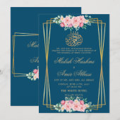 Invitation Rose rose classique Bleu islamique mariage musulma (Devant / Derrière)
