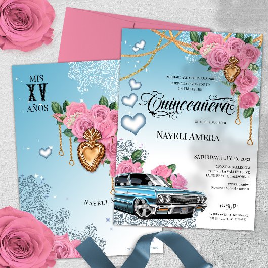 Invitation Rose Rose Classique Bleu Lowrider Chola Quinceaner