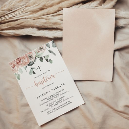 Invitation Rose rose classique Calligraphie florale Baptême