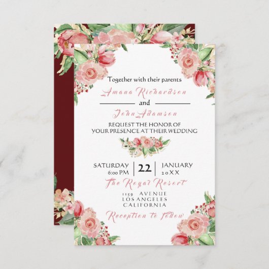 Invitation Rose rose crémeuse Marsala Floral Rose Mariage (Devant / Derrière)