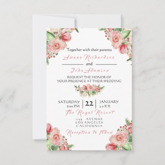 Invitation Rose rose crémeux Peint Floral Rose Mariage (Devant)