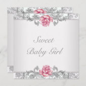 Invitation Rose rose Damask Baby Girl Douche (Devant / Derrière)