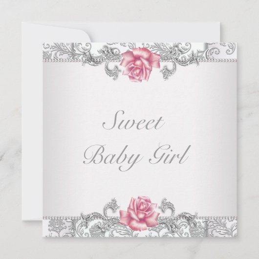 Invitation Rose rose Damask Baby Girl Douche (Devant)