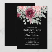 Invitation Rose rose de Bourgogne Flora Noir fête d'anniversa (Devant / Derrière)