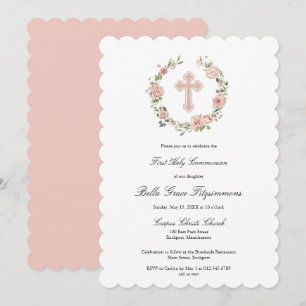 Invitation Rose rose Dusty Croix florale première communion I