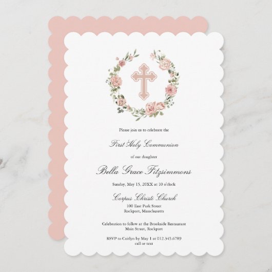 Invitation Rose rose Dusty Croix florale première communion I (Devant / Derrière)