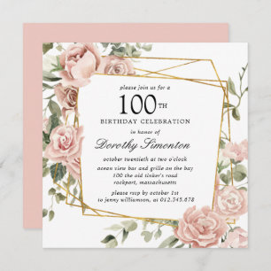 Invitation Rose rose Dusty Floral 100e anniversaire