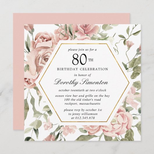 Invitation Rose rose Dusty Floral 80e anniversaire (Devant / Derrière)