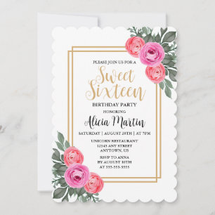 Invitation Rose rose Dusty Verdure Botanique Or Sweet 16