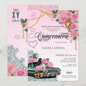 Invitation Rose rose émeraude vert Lowrider Chicana Quince (Devant / Derrière)