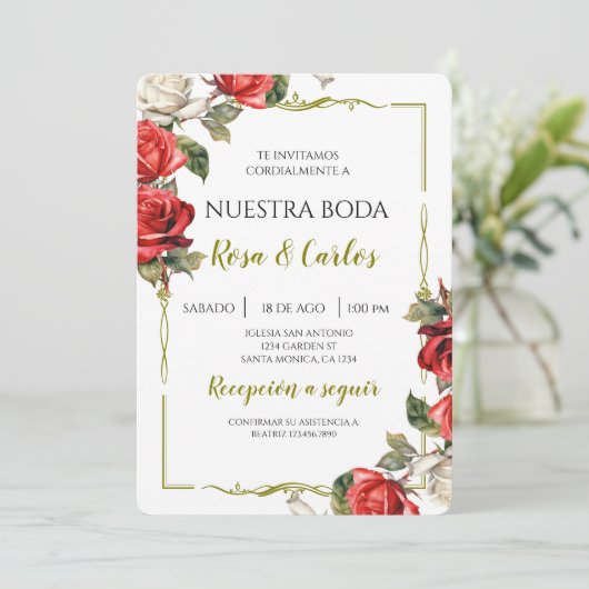 Invitation Rose Rose espagnol Mariage (Debout devant)