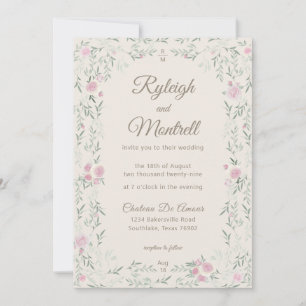 Invitation Rose rose et crème et verdure moderne élégante