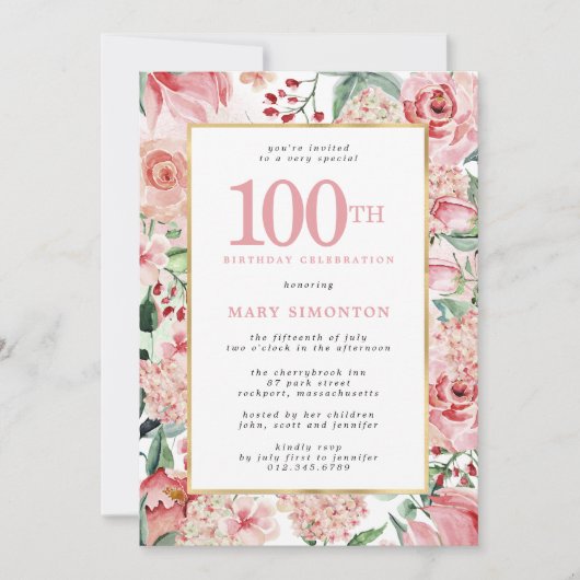 Invitation Rose rose et Hydrangea Floral 100e anniversaire (Devant)