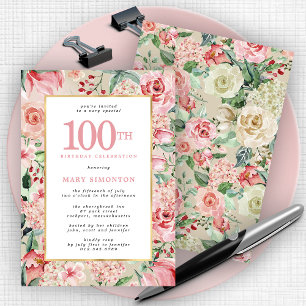 Invitation Rose rose et Hydrangea Floral 100e anniversaire