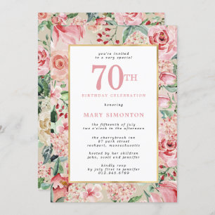 Invitation Rose rose et Hydrangea Floral 70e anniversaire