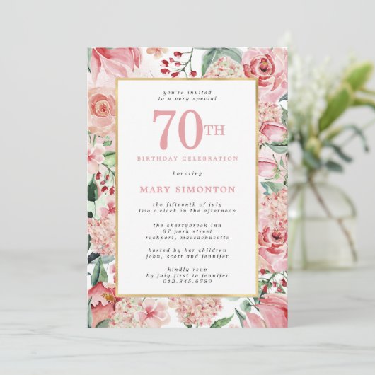 Invitation Rose rose et Hydrangea Floral 70e anniversaire (Debout devant)