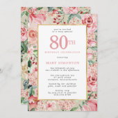 Invitation Rose rose et Hydrangea Floral 80e anniversaire (Devant / Derrière)