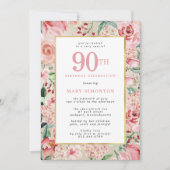 Invitation Rose rose et Hydrangea Floral 90e anniversaire (Devant)