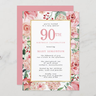 Invitation Rose rose et Hydrangea Floral 90e anniversaire