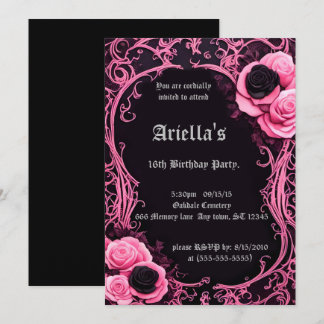 Invitation Rose rose et noir encadré doux 16 Anniversaire
