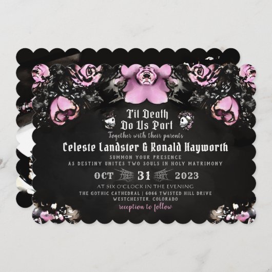 Invitation Rose rose et noir gothique et Mariage de skeletons (Devant / Derrière)