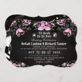 Invitation Rose rose et noir gothique et Mariage de skeletons (Devant / Derrière)