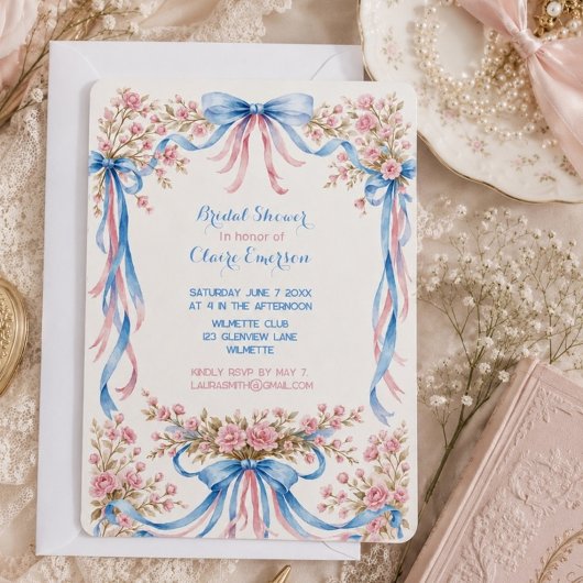 Invitation Rose rose et rubans bleus vintage