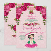Invitation Rose rose et vert Floral Fiesta Mexicaine Mis Quin (Devant / Derrière)
