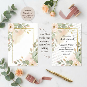 Invitation Rose rose, eucalyptus et cadre doré mariage vierge