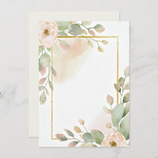 Invitation Rose rose, eucalyptus et or cadre blanc mariage (Devant / Derrière)