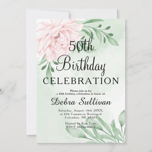 Invitation Rose rose Eucalyptus Feuillage 50e anniversaire (Devant)