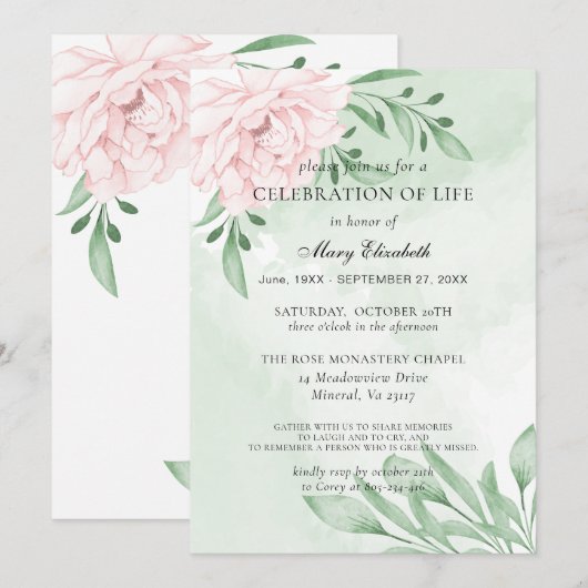 Invitation Rose Rose Eucalyptus Foliage Célébration De La Vie (Devant / Derrière)