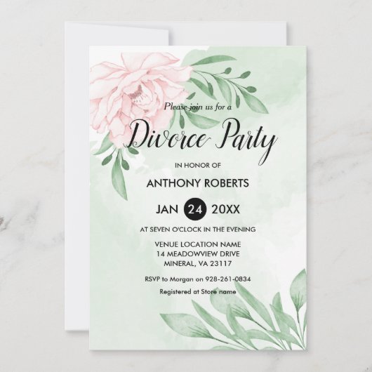 Invitation Rose rose Eucalyptus Folio Divorce Party (Devant)