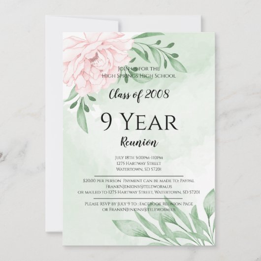 Invitation Rose rose Eucalyptus Folithe Réunion du lycée (Devant)