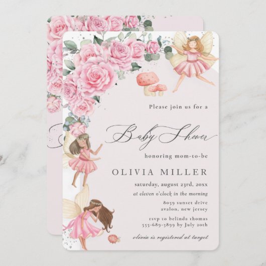 Invitation Rose rose Fées Arch Baby shower Invitat (Devant / Derrière)