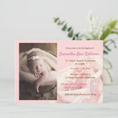 Invitation Rose rose fille photo Baptême (Debout devant)