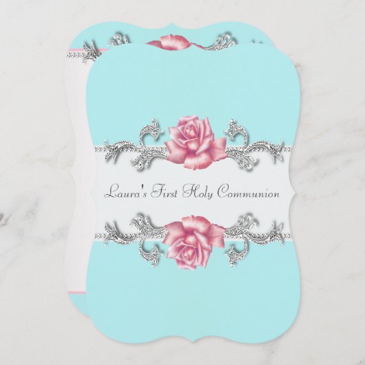 Invitation Rose Rose Filles Turquoises Turquoise Première com (Devant / Derrière)