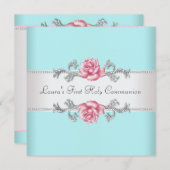 Invitation Rose Rose Filles Turquoises Turquoise Première com (Devant / Derrière)
