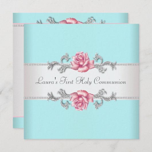 Invitation Rose Rose Filles Turquoises Turquoise Première com (Devant / Derrière)