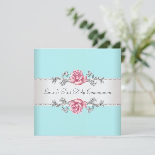 Invitation Rose Rose Filles Turquoises Turquoise Première com (Debout devant)