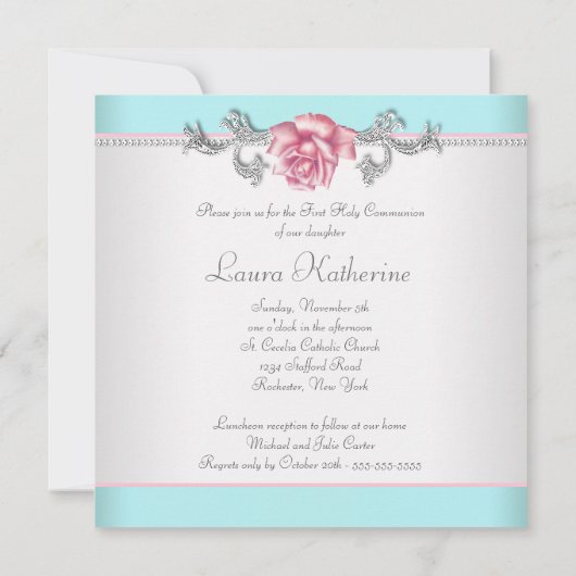 Invitation Rose Rose Filles Turquoises Turquoise Première com (Dos)