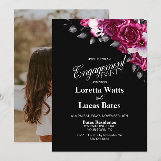 Invitation Rose rose Floral Black Engagement Party Photo (Devant / Derrière)