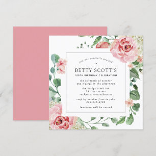 Invitation Rose rose Floral Botanique 100e fête d'anniversair